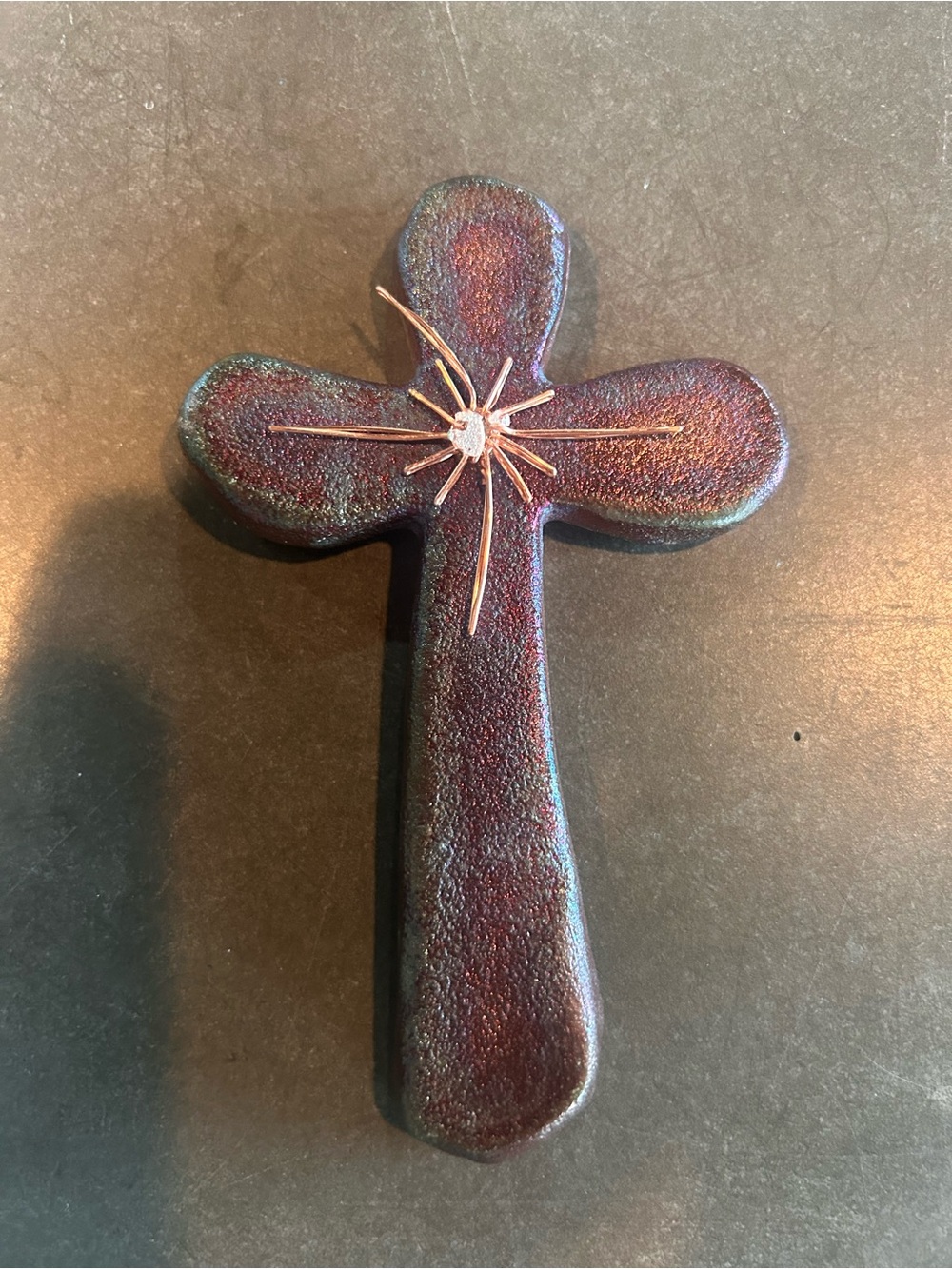 Artisan Studio Pottery Wall Cross Metallic Glaze Wire Star Signed T Dill